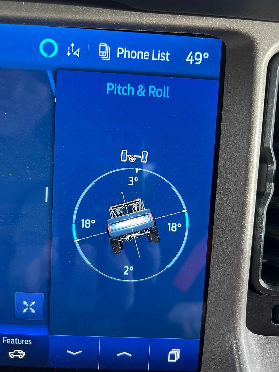 A close-up of a Ford Bronco's interior screen with an off-road display