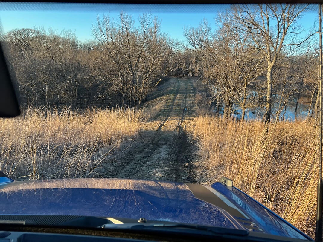 A side view of a blue Ford Bronco from a low angle.