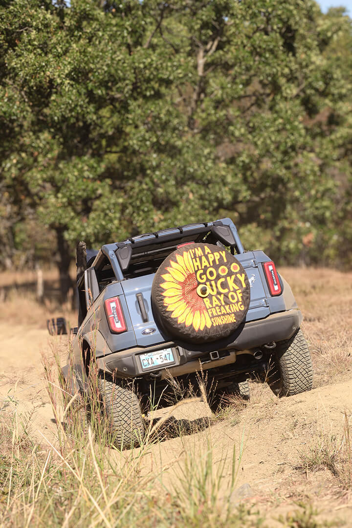 A rear view of a blue Ford Bronco with a tilted spare tire.